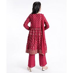 Pine Kids 100% Rayon Woven Full Sleeves Gold Printed Kurti Churidar Set With Dupatta- Maroon