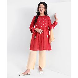 Pine Kids Three Fourth Sleeves Kurti Salwar Set Floral Embroidery - Red