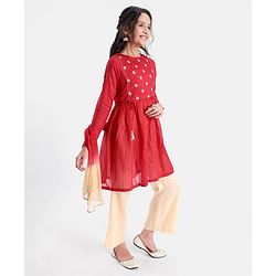 Pine Kids Three Fourth Sleeves Kurti Salwar Set Floral Embroidery - Red