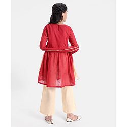 Pine Kids Three Fourth Sleeves Kurti Salwar Set Floral Embroidery - Red