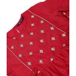 Pine Kids Three Fourth Sleeves Kurti Salwar Set Floral Embroidery - Red