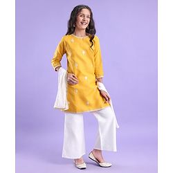 Pine Kids 100% Cotton Woven Embroidered Kurti & Pant Set with Dupatta - Mustard Yellow