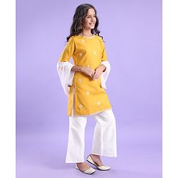 Pine Kids 100% Cotton Woven Embroidered Kurti & Pant Set with Dupatta - Mustard Yellow