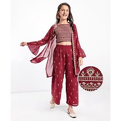 Pine Kids Woven Georgette Zari Embroidered Top and Palazzo Set with Shrug - Maroon