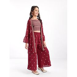 Pine Kids Woven Georgette Zari Embroidered Top and Palazzo Set with Shrug - Maroon