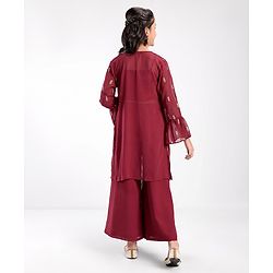 Pine Kids Woven Georgette Zari Embroidered Top and Palazzo Set with Shrug - Maroon