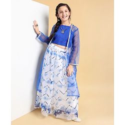 Pine Kids  Full Sleeves Embroidered Choli Lehenga Set with Printed Shrug- Blue