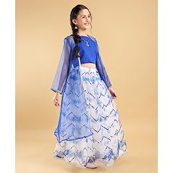 Pine Kids  Full Sleeves Embroidered Choli Lehenga Set with Printed Shrug- Blue