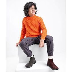 Pine Kids Knit Full Sleeves Sweater With Cable Knit Design - Orange