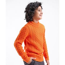 Pine Kids Knit Full Sleeves Sweater With Cable Knit Design - Orange
