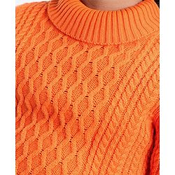 Pine Kids Knit Full Sleeves Sweater With Cable Knit Design - Orange