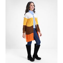 Pine Kids Front Open Sweater With Colour Block Design - Yellow White & Brown