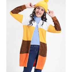 Pine Kids Front Open Sweater With Colour Block Design - Yellow White & Brown