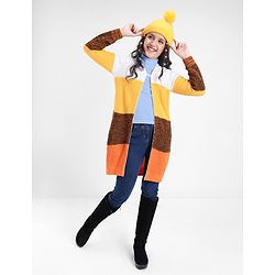 Pine Kids Front Open Sweater With Colour Block Design - Yellow White & Brown