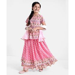 Pine Kids Cotton Floral Printed Half Sleeves Tiered Lehenga Choli Set- Pink