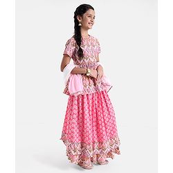 Pine Kids Cotton Floral Printed Half Sleeves Tiered Lehenga Choli Set- Pink