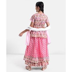 Pine Kids Cotton Floral Printed Half Sleeves Tiered Lehenga Choli Set- Pink