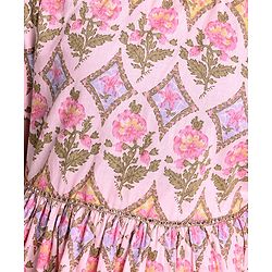Pine Kids Cotton Floral Printed Half Sleeves Tiered Lehenga Choli Set- Pink