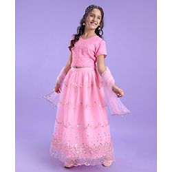 Pine Kids Half Sleeves Lehenga And Choli Set With Sequine Detailing - Light Pink