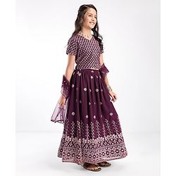 Pine Kids Embroidered Half Sleeves Choli with Lehenga & Dupatta Set - Wine