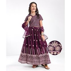 Pine Kids Embroidered Half Sleeves Choli with Lehenga & Dupatta Set - Wine