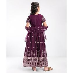 Pine Kids Embroidered Half Sleeves Choli with Lehenga & Dupatta Set - Wine