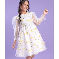 Pine Kids Full Sleeves Floral Embellished Party Wear Dress- White
