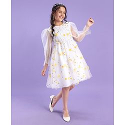 Pine Kids Full Sleeves Floral Embellished Party Wear Dress- White