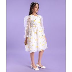 Pine Kids Full Sleeves Floral Embellished Party Wear Dress- White