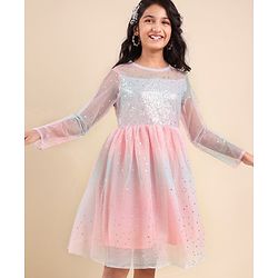 Pine Kids Full Sleeves Frock With Net & Sequine Detailing - Peach