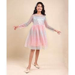 Pine Kids Full Sleeves Frock With Net & Sequine Detailing - Peach