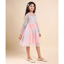 Pine Kids Full Sleeves Frock With Net & Sequine Detailing - Peach