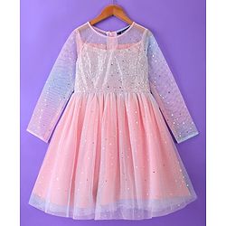 Pine Kids Full Sleeves Frock With Net & Sequine Detailing - Peach