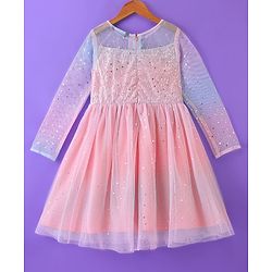 Pine Kids Full Sleeves Frock With Net & Sequine Detailing - Peach