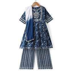 Pine Kids Cotton Three Fourth Sleeves Embroidered Kurti & Salwar Set with Dupatta - Navy