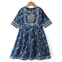 Pine Kids Cotton Three Fourth Sleeves Embroidered Kurti & Salwar Set with Dupatta - Navy