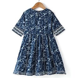 Pine Kids Cotton Three Fourth Sleeves Embroidered Kurti & Salwar Set with Dupatta - Navy