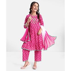 Pine Kids 100% Cotton Woven Three Fourth Sleeves Kurti & Salwar Set with Dupatta Floral Embroidery & Print - Pink