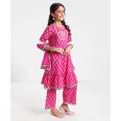 Pine Kids 100% Cotton Woven Three Fourth Sleeves Kurti & Salwar Set with Dupatta Floral Embroidery & Print - Pink