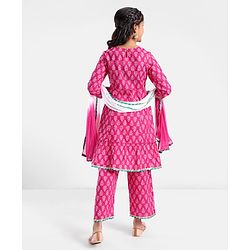 Pine Kids 100% Cotton Woven Three Fourth Sleeves Kurti & Salwar Set with Dupatta Floral Embroidery & Print - Pink