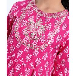 Pine Kids 100% Cotton Woven Three Fourth Sleeves Kurti & Salwar Set with Dupatta Floral Embroidery & Print - Pink