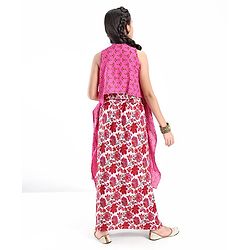 Pine Kids Cotton Sleeveless Choli & Alol Lehenga Set with Shrugi Floral Print - Pink