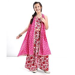 Pine Kids Cotton Sleeveless Choli & Alol Lehenga Set with Shrugi Floral Print - Pink