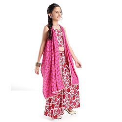 Pine Kids Cotton Sleeveless Choli & Alol Lehenga Set with Shrugi Floral Print - Pink