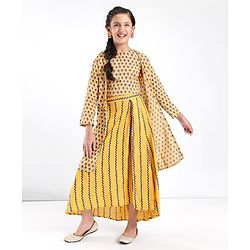 Pine Kids 100% Cotton Woven Three Forth Sleeves Floral Printed Choli Lehenga  Set- Mustard