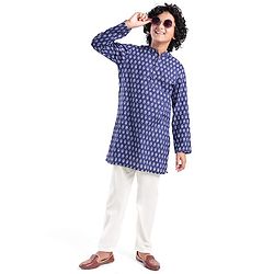 Pine Kids 100% Cotton Full Sleeves All Over Floral Printed Kurta Pyjama Set - Navy Blue