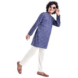 Pine Kids 100% Cotton Full Sleeves All Over Floral Printed Kurta Pyjama Set - Navy Blue