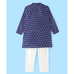 Pine Kids 100% Cotton Full Sleeves All Over Floral Printed Kurta Pyjama Set - Navy Blue