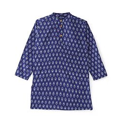 Pine Kids 100% Cotton Full Sleeves All Over Floral Printed Kurta Pyjama Set - Navy Blue
