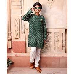 Pine Kids 100 % Cotton Woven Full Sleeves Foil Printed    Kurta & Pajama Set - Green